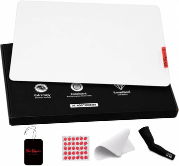 White Flash Beyond GP2 glass gaming mouse pad with included accessories