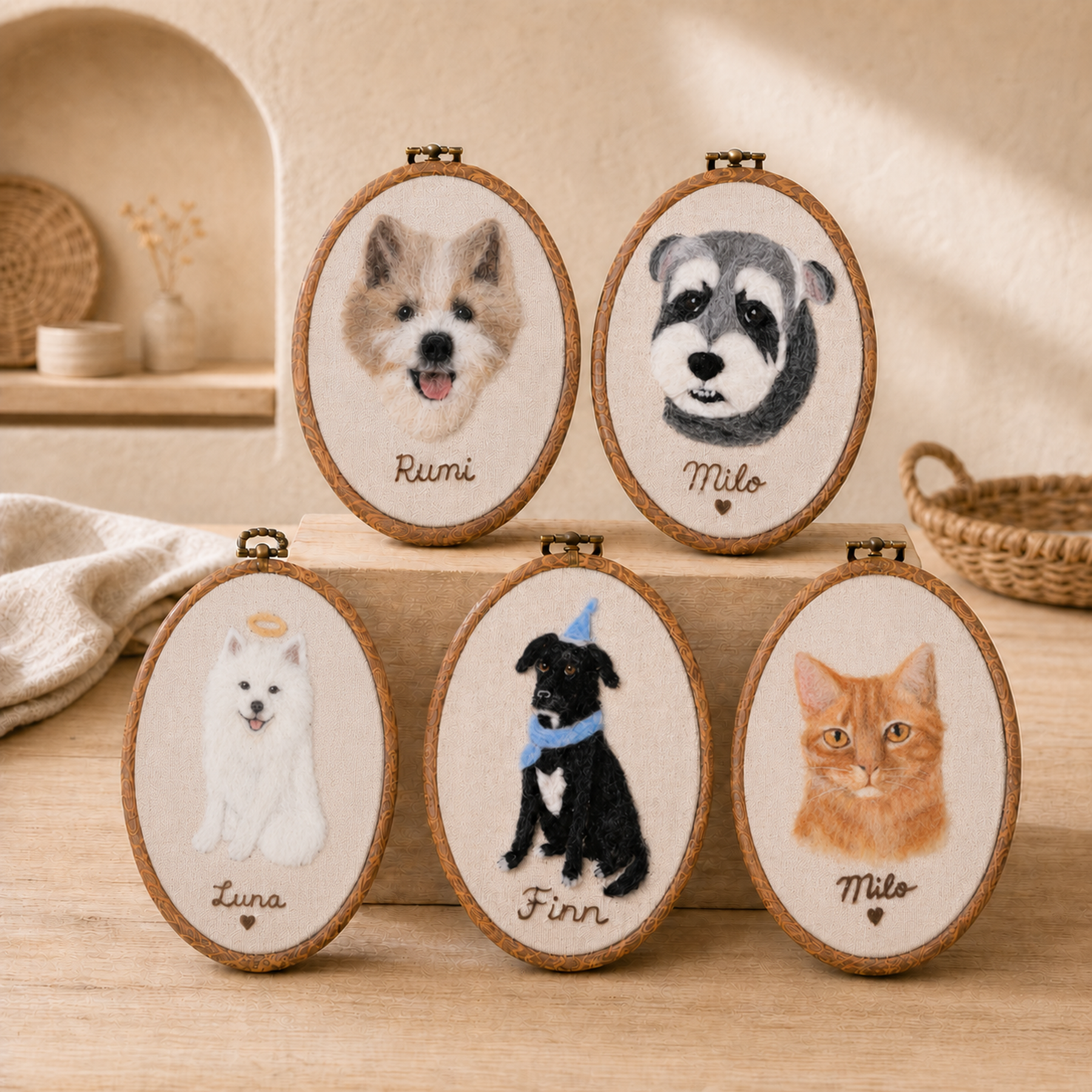 A collection of custom wool felt portraits of dogs and a cat in oval wooden frames