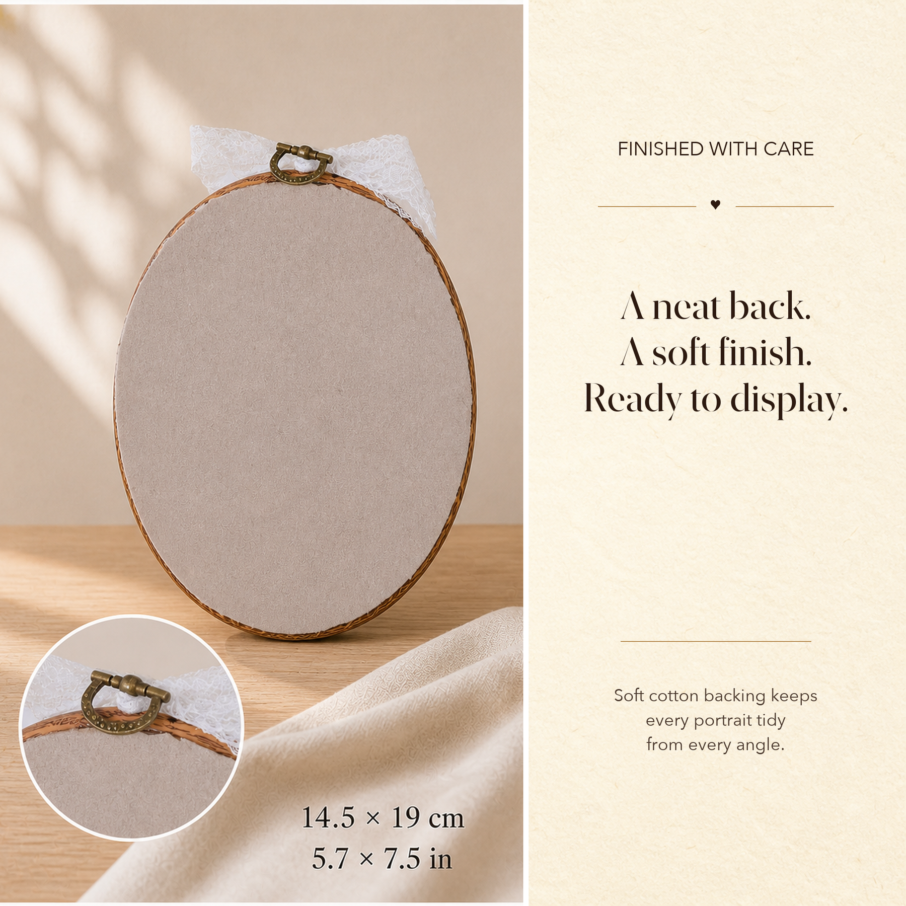 The neat linen-grey back of an oval wool felt portrait frame