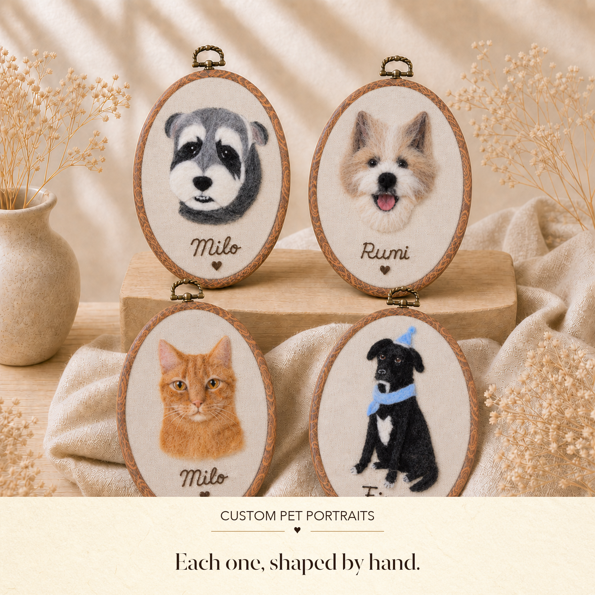 Four personalized wool felt pet portraits shaped by hand