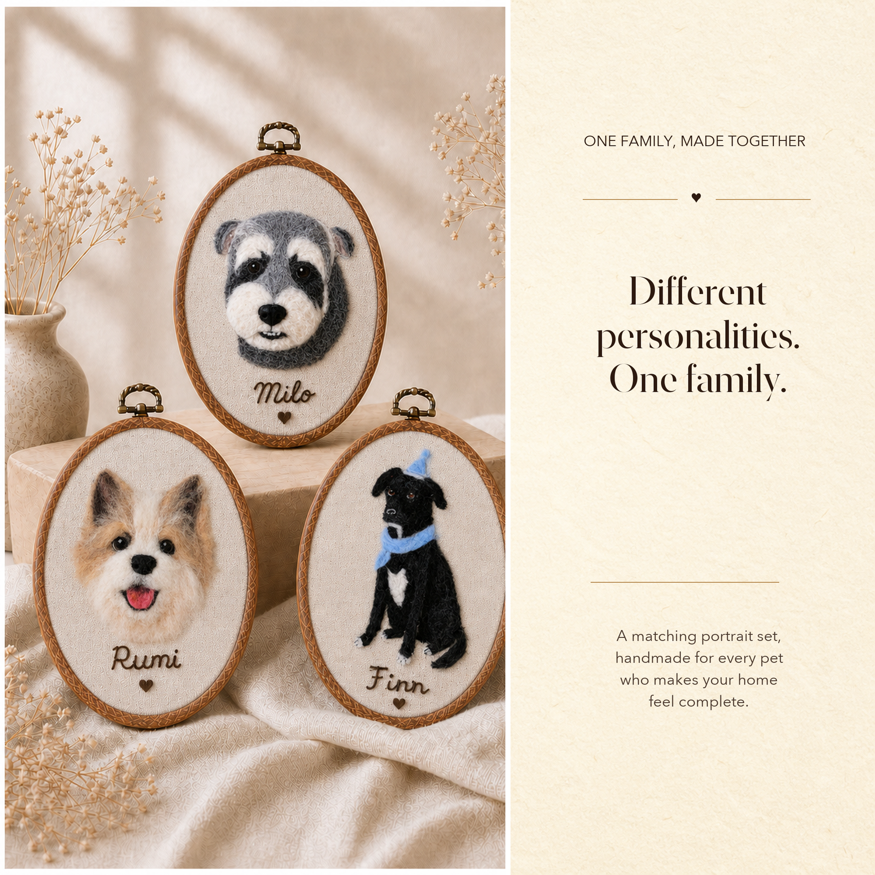 A matching set of three custom wool felt pet portraits