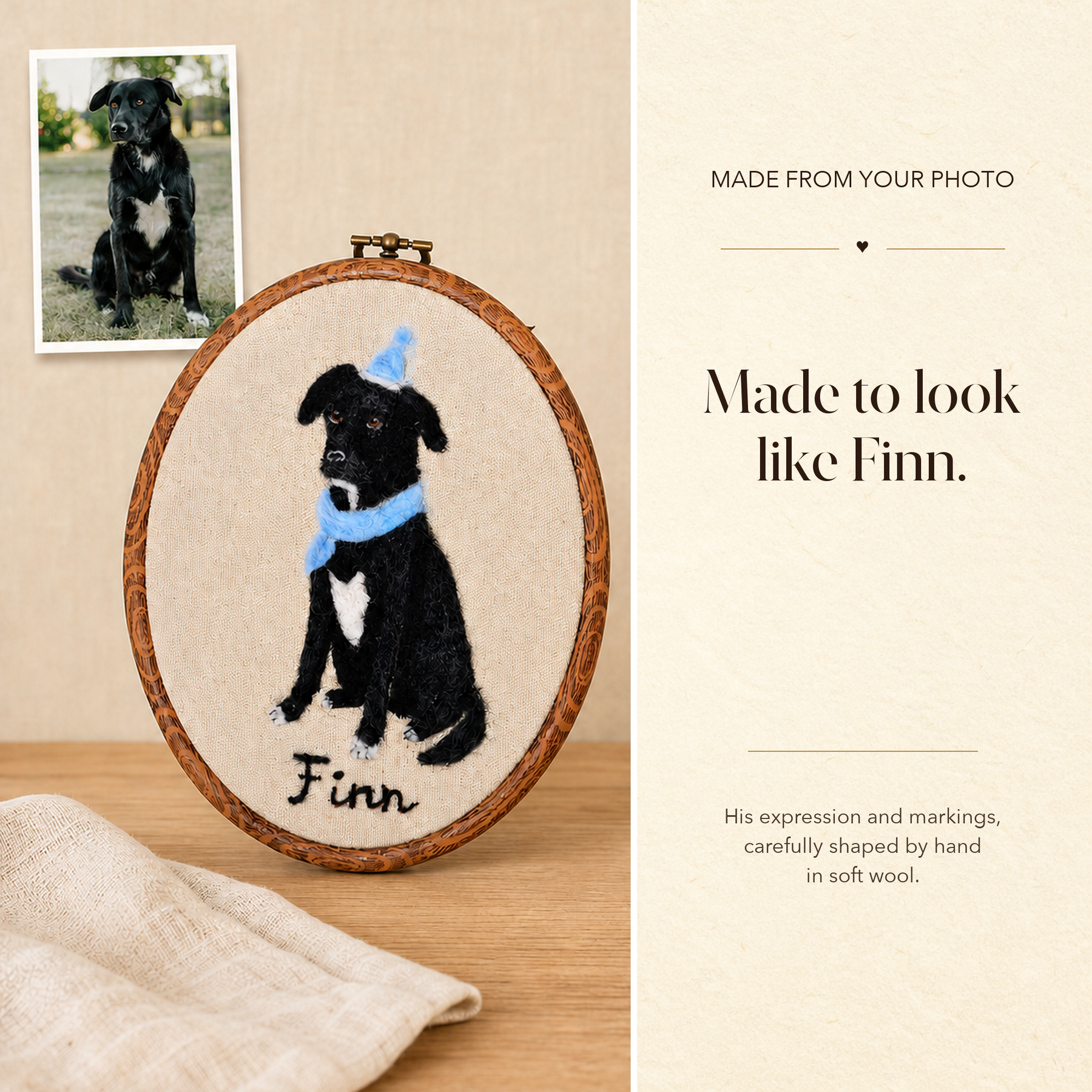 A dog reference photo beside its finished full-body wool portrait