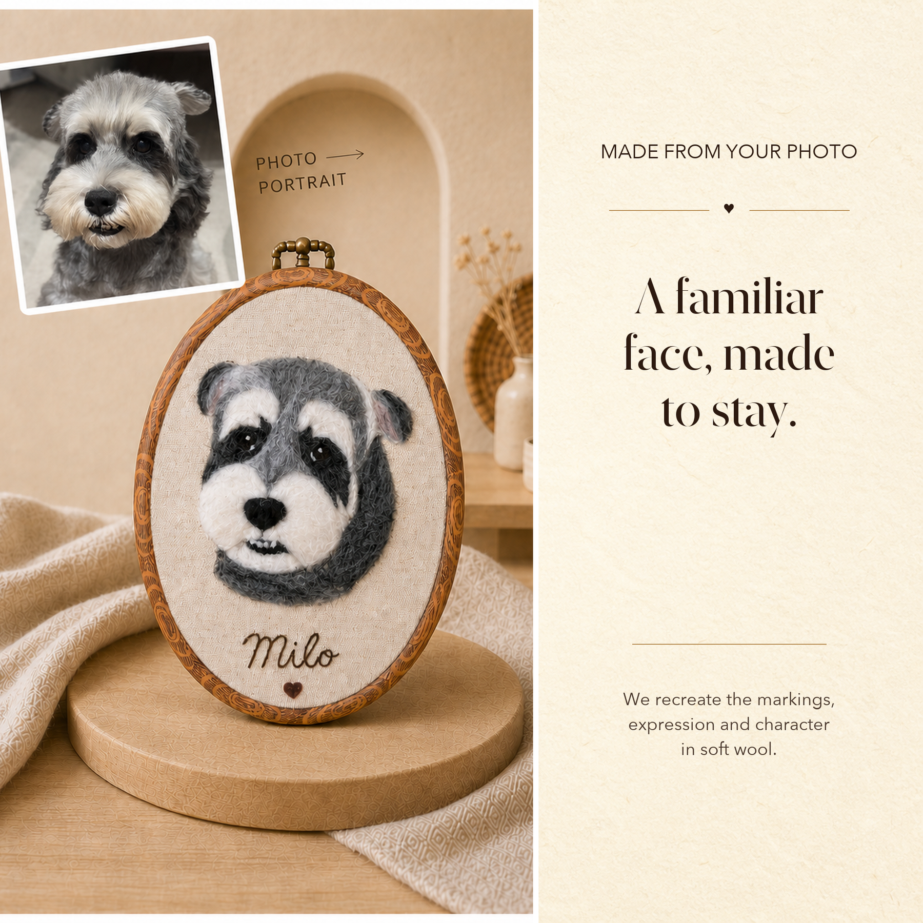 A pet reference photo beside the finished custom wool felt portrait