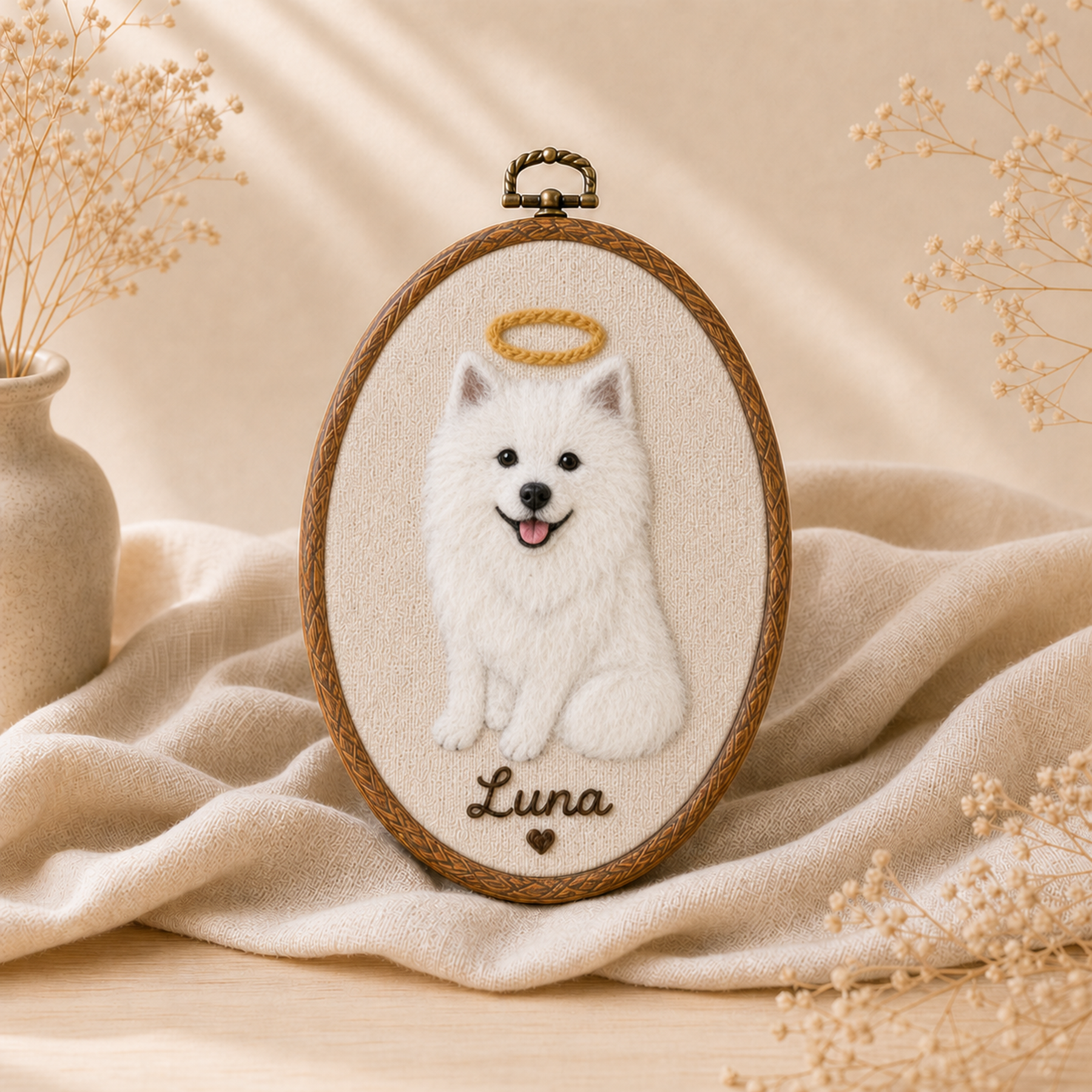 Luna recreated as a full-body wool felt portrait