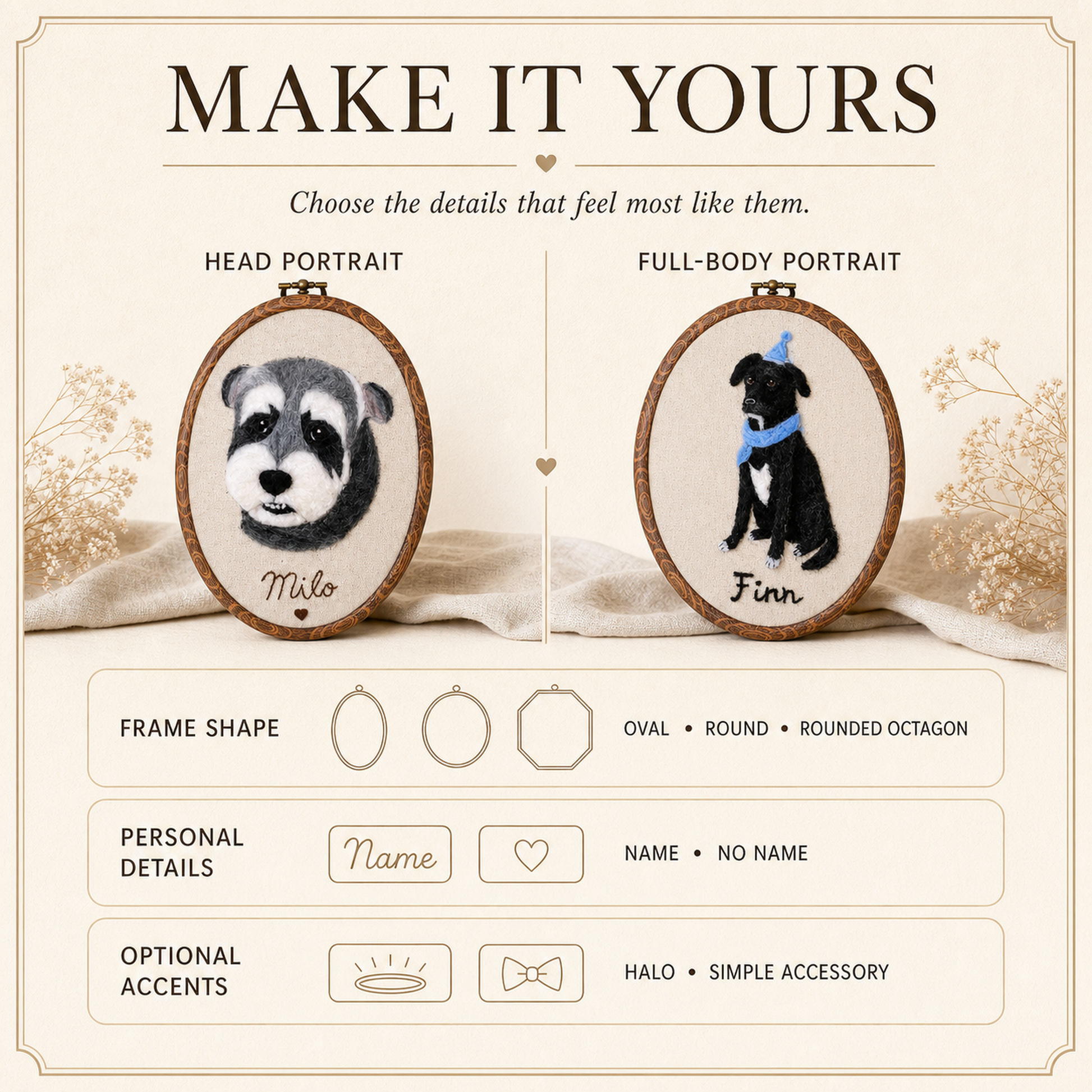 Personalization choices for portrait style, frame shape, name and accent